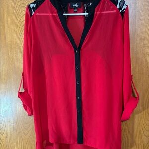 by & by Red Sheer Blouse with Black Accents